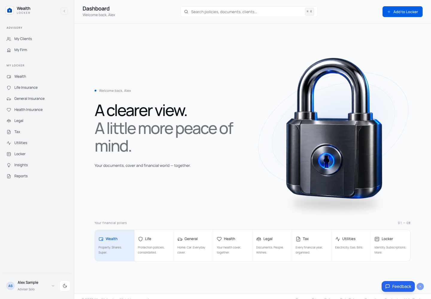 Wealth Locker dashboard overview, with insurance, wealth and legal pillars visible at a glance